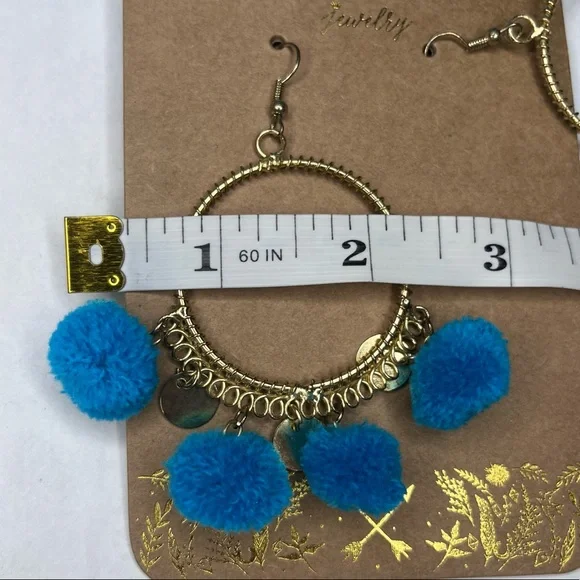 SHIRALEAH CHICAGO Zola Turquoise Blue Earrings Boho Gypsy Pom Hoops NWT - Picture 5 of 7